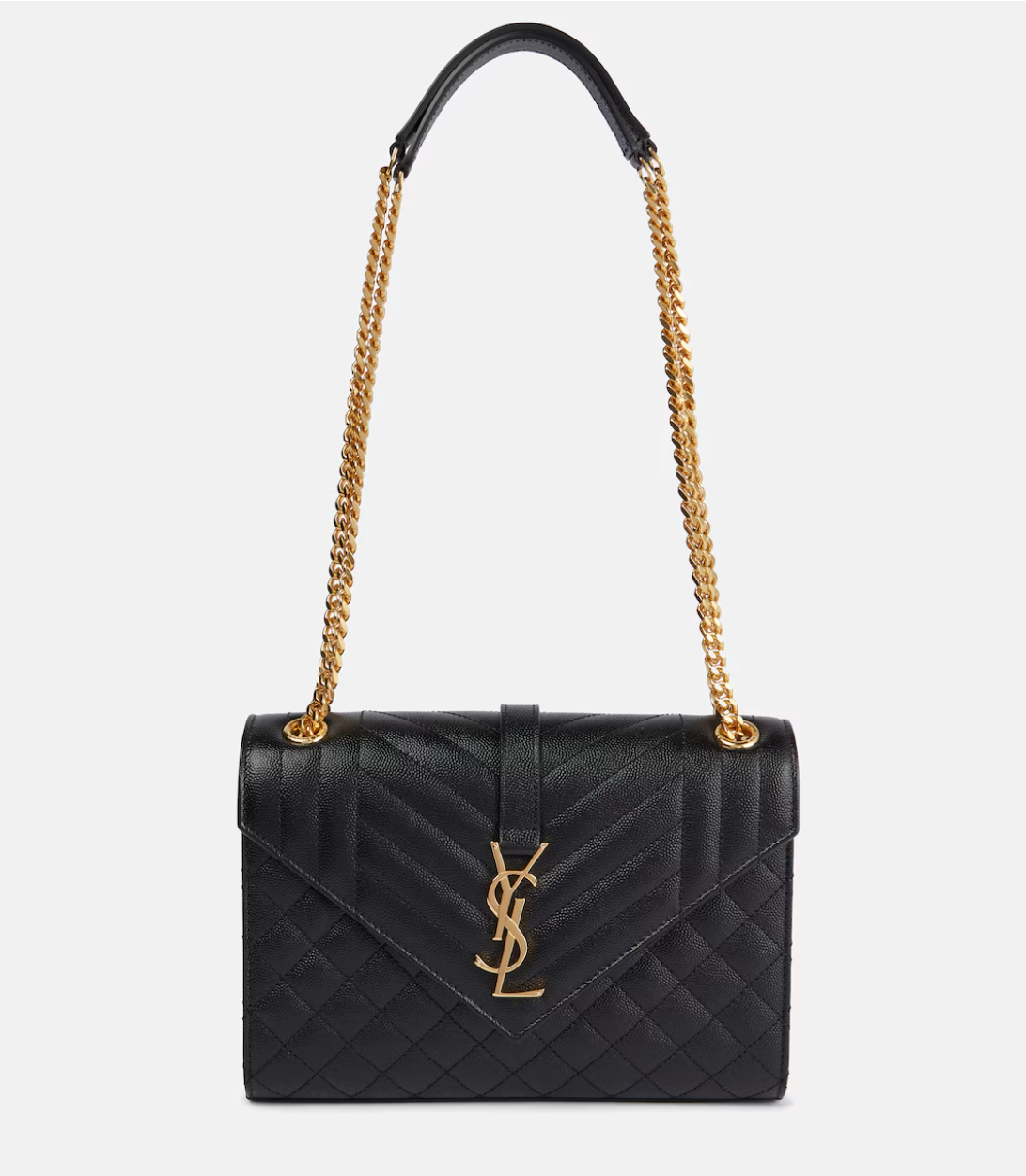 Black handbag with gold chain strap on a white background