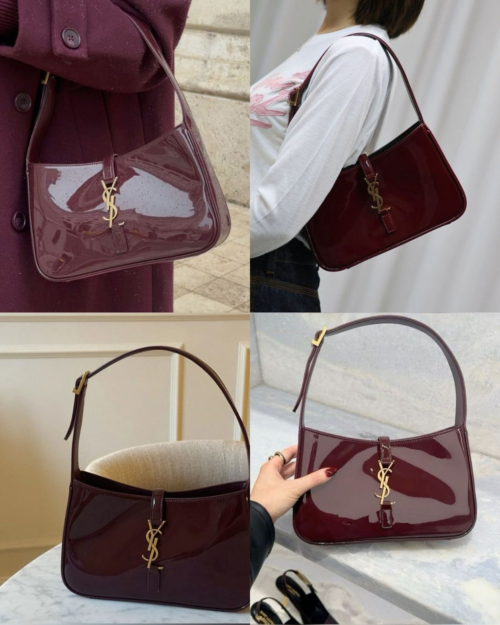 Burgundy patent leather hobo bag with gold hook closure, glossy 90s style shoulder bag.