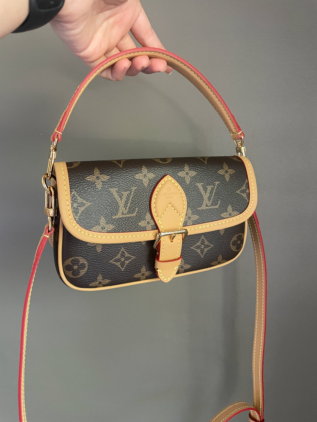 Mini monogram satchel with top handle, vintage style bag fits smartphone.