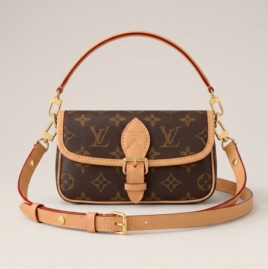 Designer handbag with monogram pattern on a light gray background