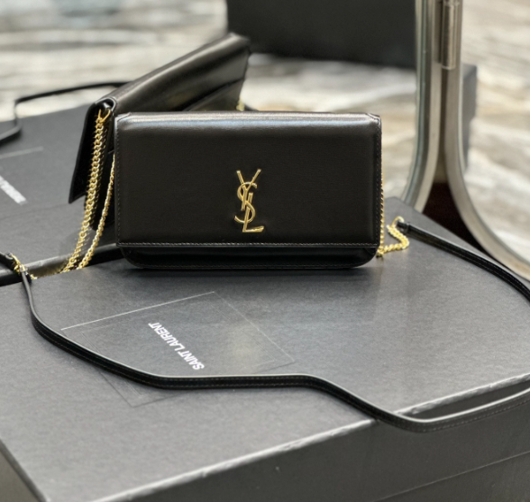 Black smooth leather phone holder with gold interlocking logo, fits iPhone Pro Max